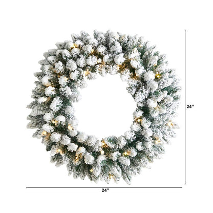 24 In. Prelit LED Flocked Artificial Christmas Wreath with 160 Bendable Branches and 35 Warm White LED Lights