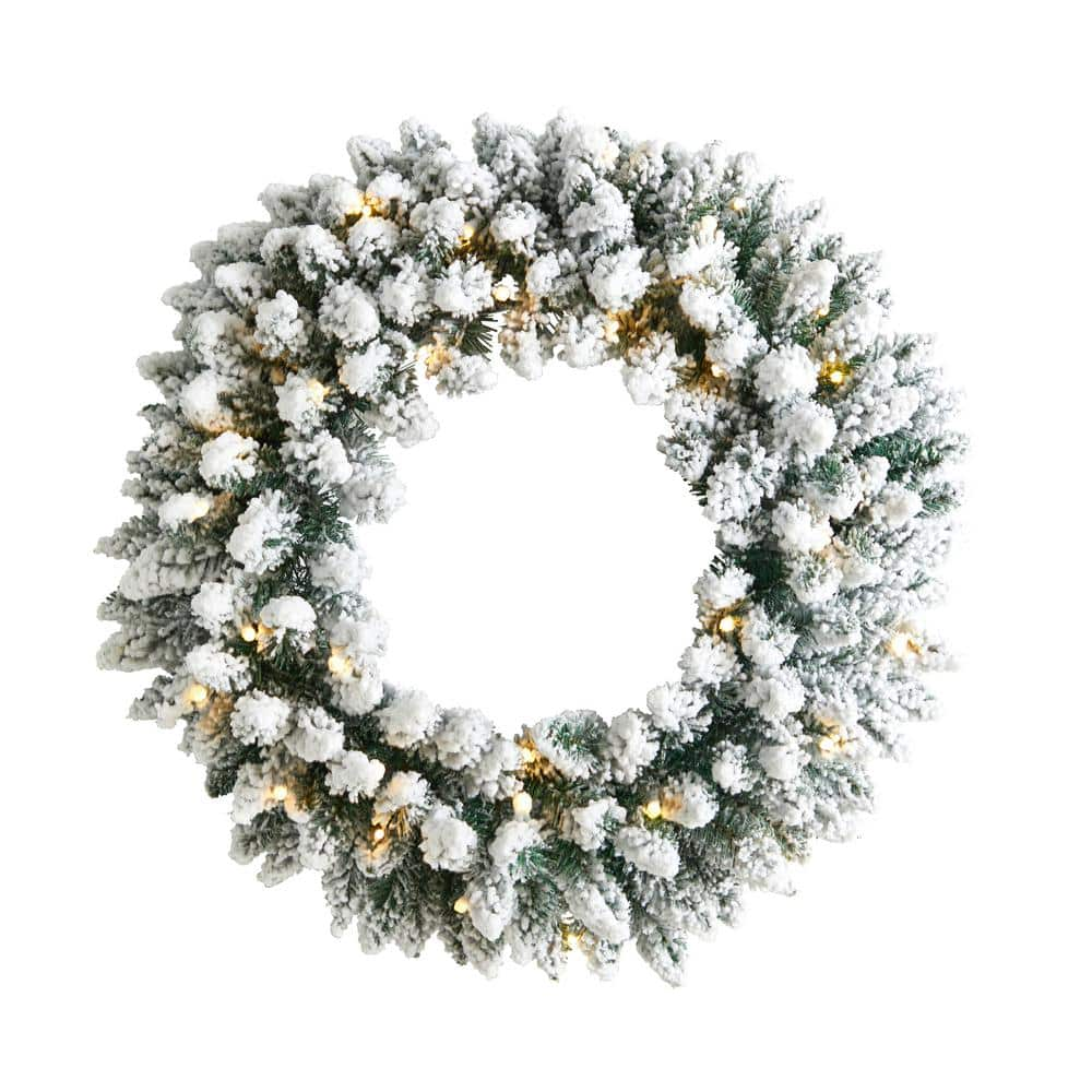 24 In. Prelit LED Flocked Artificial Christmas Wreath with 160 Bendable Branches and 35 Warm White LED Lights