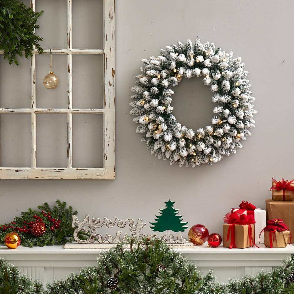 24 In. Prelit LED Flocked Artificial Christmas Wreath with 160 Bendable Branches and 35 Warm White LED Lights