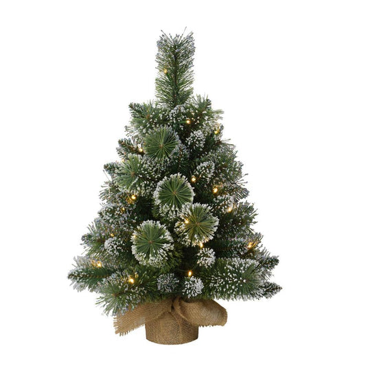 2 Ft. Green Prelit Flocked Table Top Artificial Christmas Tree with 35 Lights in Tan Sac